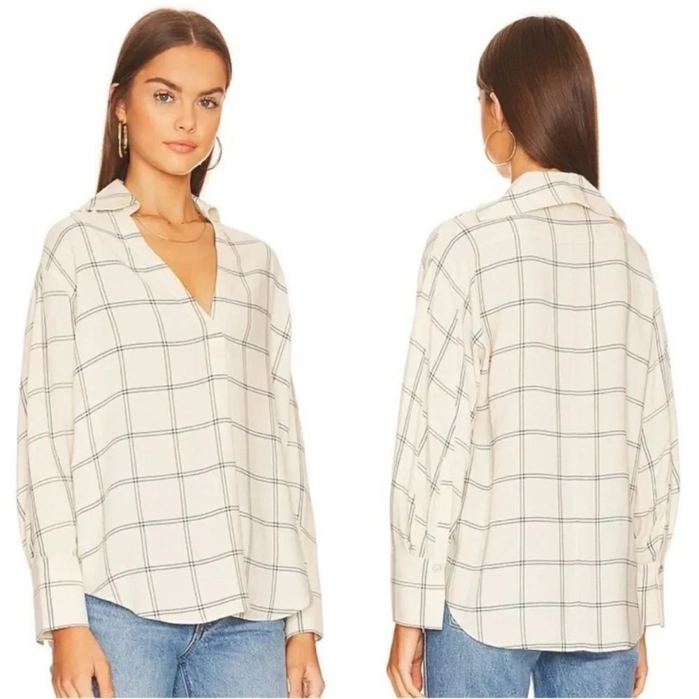 VINCE | Ivory & Blue Plaid V-Neck Collared Long Sleeve Blouse Women’s Size XS